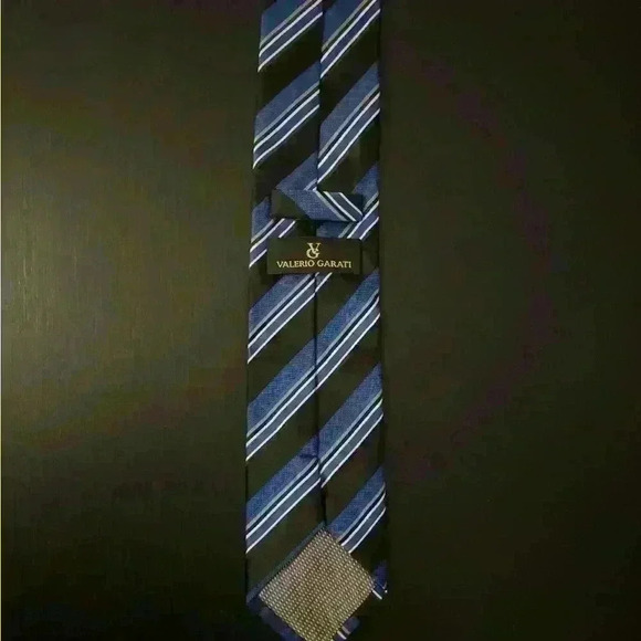 Valerio Garati Blue Black Striped Designer Men’s Neck Tie - Picture 4 of 6